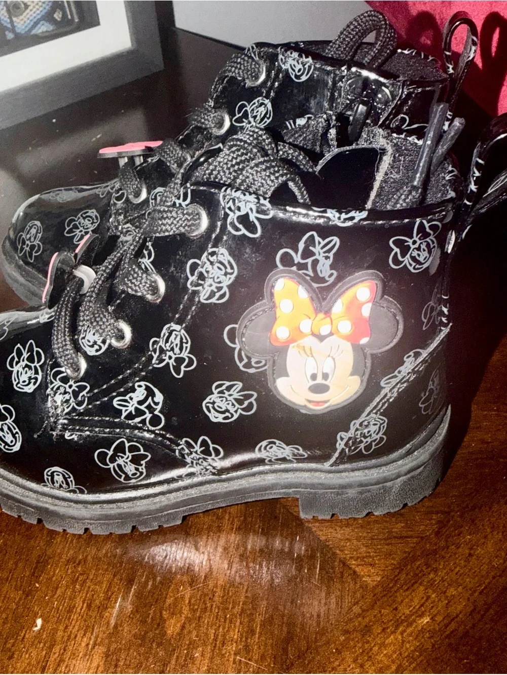 Disney New Black Floral Patent Lace-Up Boots with Pink Bow